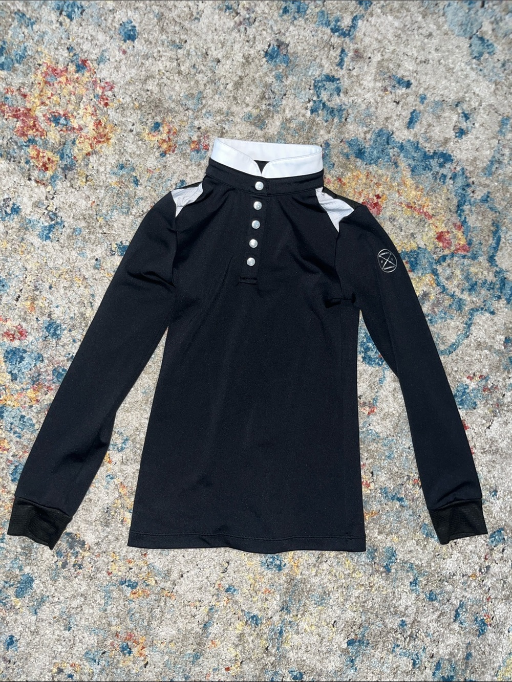 Girls' Black Long Sleeve Polo Top with White Contrast Collar